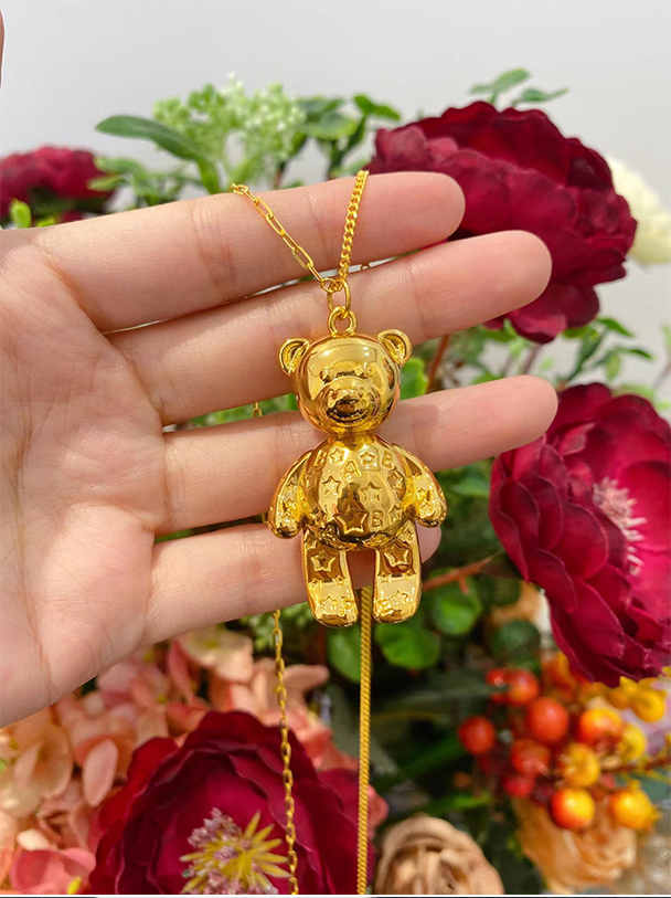 宫之瑄黄金熊吊坠999足金项链女不对称ab链2022年新款毛衣链长款感