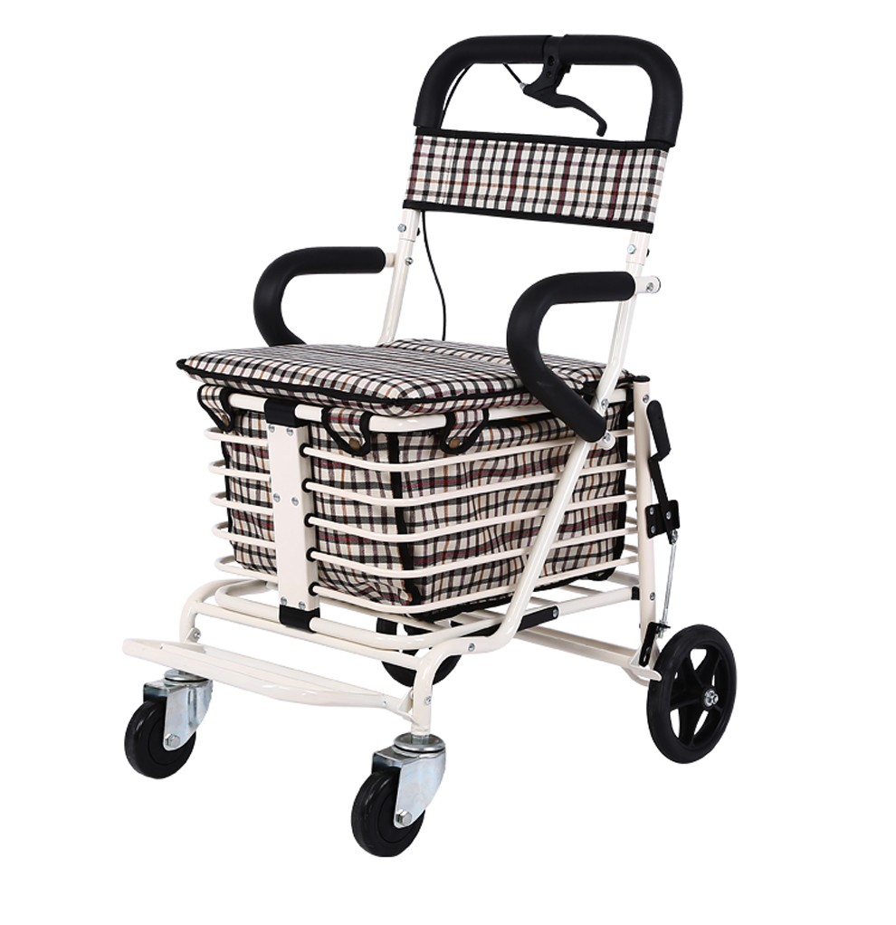 老年购物车座椅可坐四轮买菜助步可推小拉车老人手推车便携代步车折叠