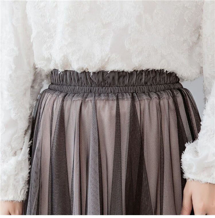 纱纱裙春夏超仙的撞色中长款a字蓬蓬半身裙纱纱裙森系ins网纱裙灰粉色