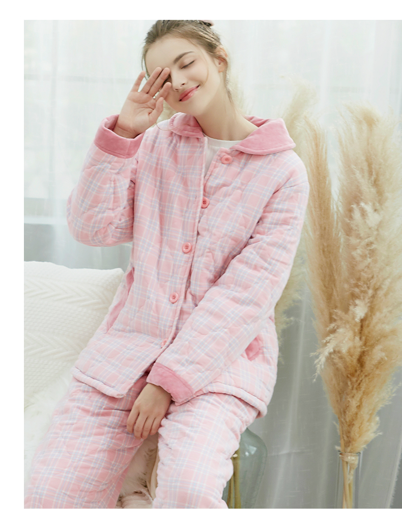 三枪睡衣情侣款秋冬三层夹棉加厚棉袄起居翻领保暖情侣家居服套装红格