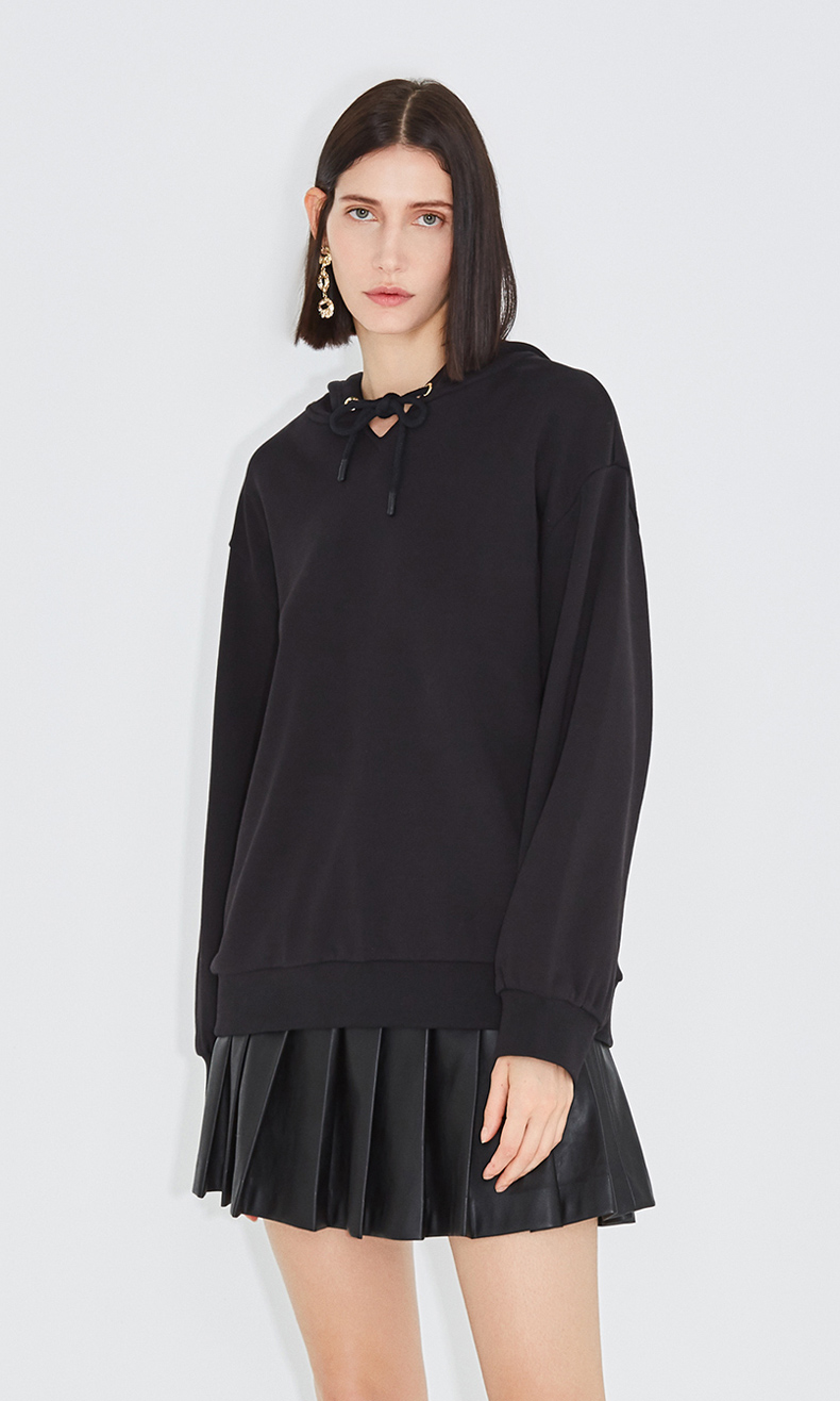 黑标系列欧时力新疆棉刺绣宽松连帽卫衣女黑色090xs