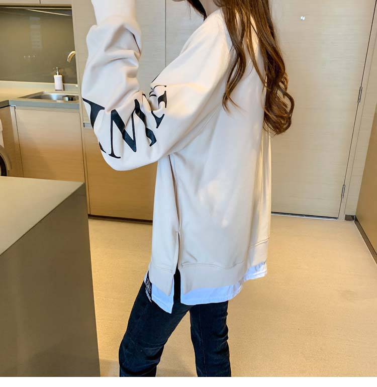 浪莎秋季新款下摆两侧开叉卫衣女潮ins宽松无帽薄款女士假两件上衣