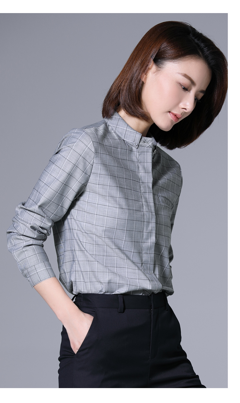 璐丝百丽灰色小格子衬衫女长袖春秋上衣休闲宽松百搭经典职业衬衣灰格