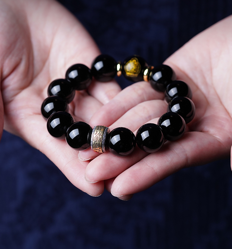 菲乐普轻奢品牌手链男乌金黑曜石珠生肖本命年属虎眼男女佛珠手串男款