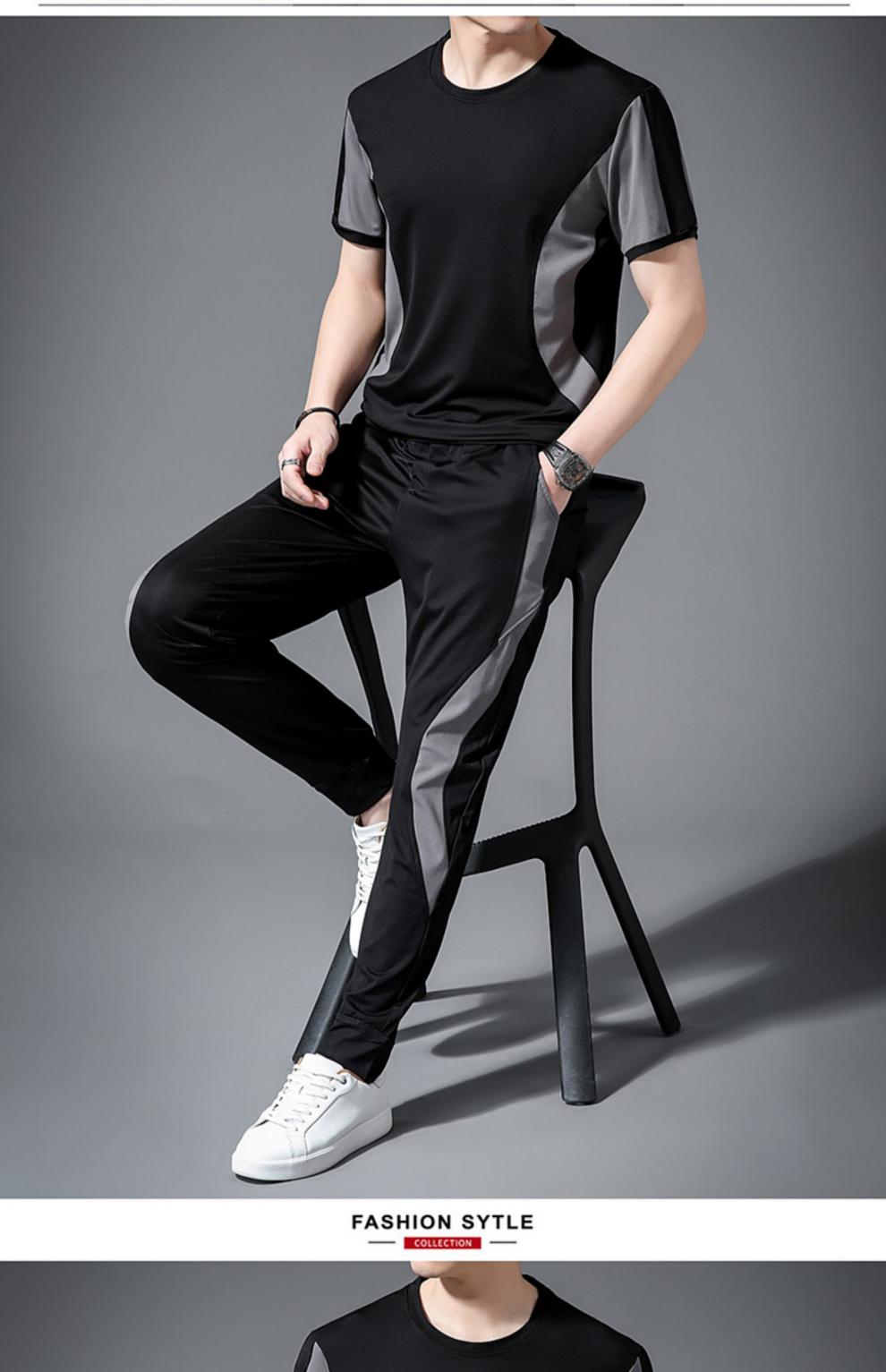 lecen奢侈品牌冰丝运动套装男2022夏季运动服透气短袖t恤长裤男士休闲