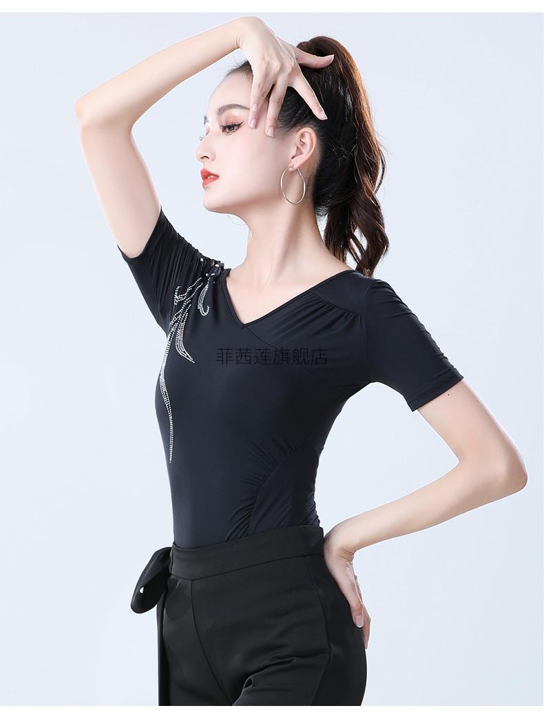上衣女短袖练功服镶钻国标舞摩登舞蹈演出服新款时尚舞衣夏国标舞上衣
