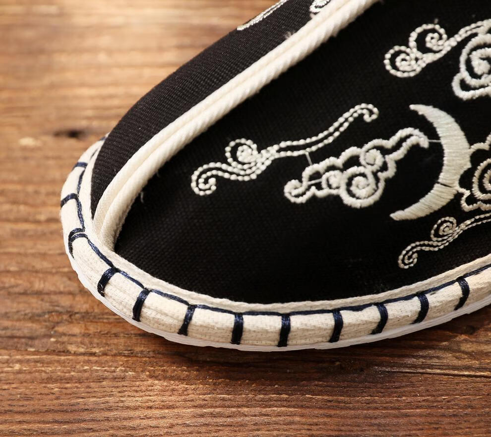 中国风布鞋男脚蹬懒人休闲鞋老北京刺绣布鞋绣花鞋社会小伙豆豆鞋黑色