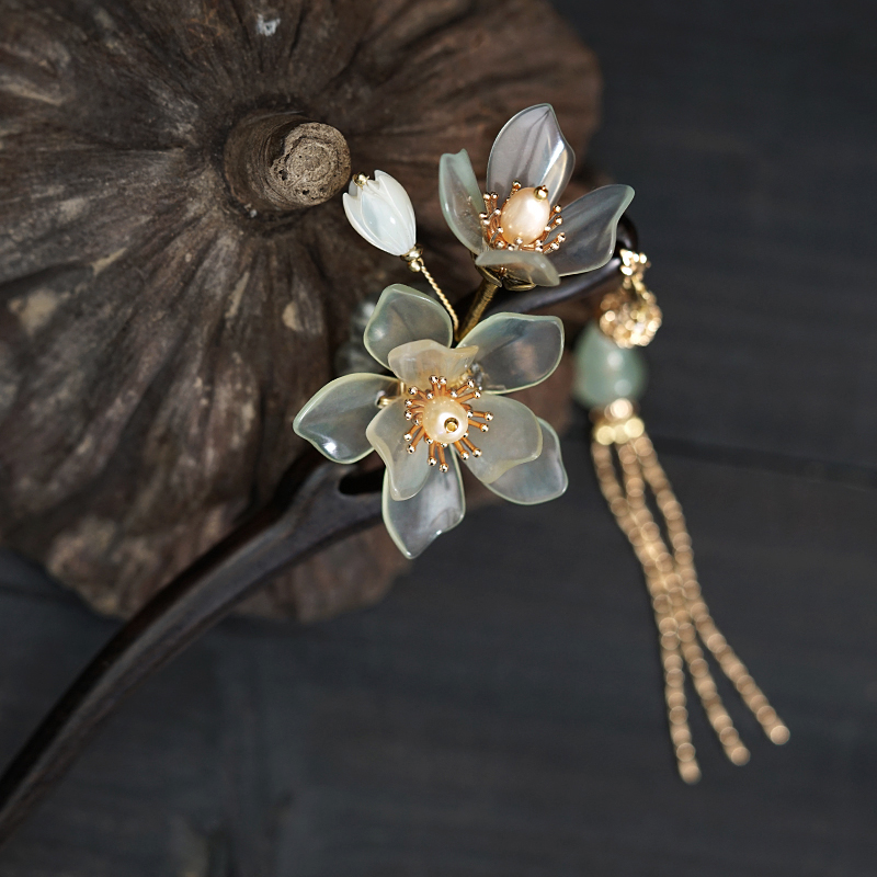 古风头钗发簪子女步摇流苏木汉服头饰手工玉兰花发钗岫玉大礼盒玉兰花