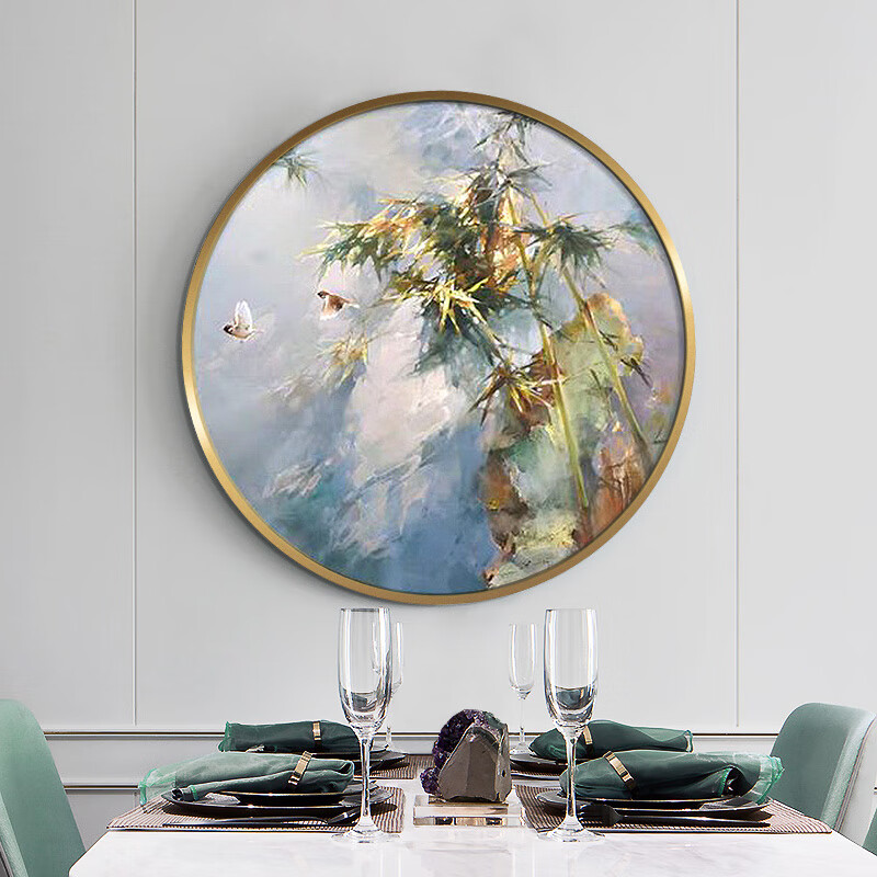 敏骏高档纯手工油画定制圆形画抽象风景玄关装饰画竹子客厅走廊过道