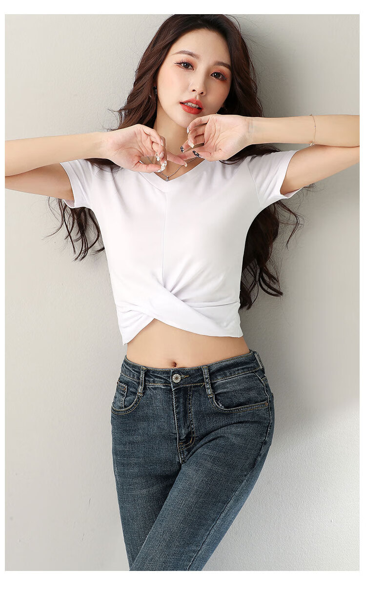 然往v领露脐短袖t恤女纯色棉质红色s85斤以下