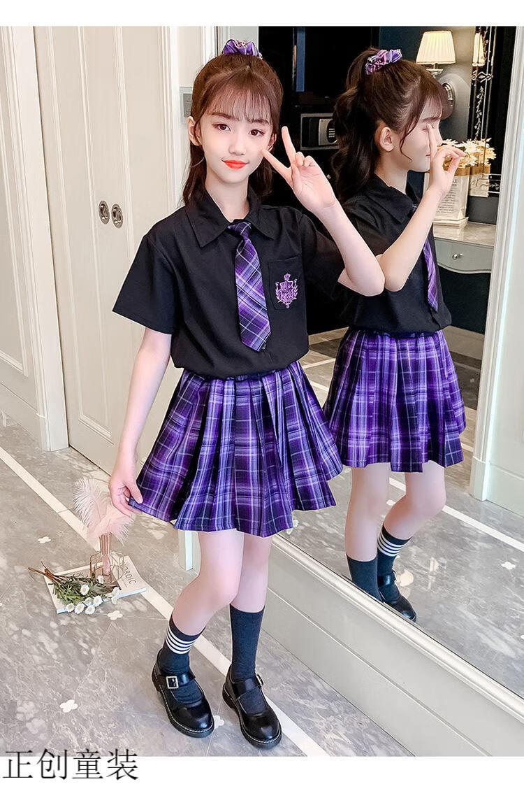 夏季儿童短袖小学生夏天裙校服百褶裙子班服两件套浅紫色娃娃领jk套装