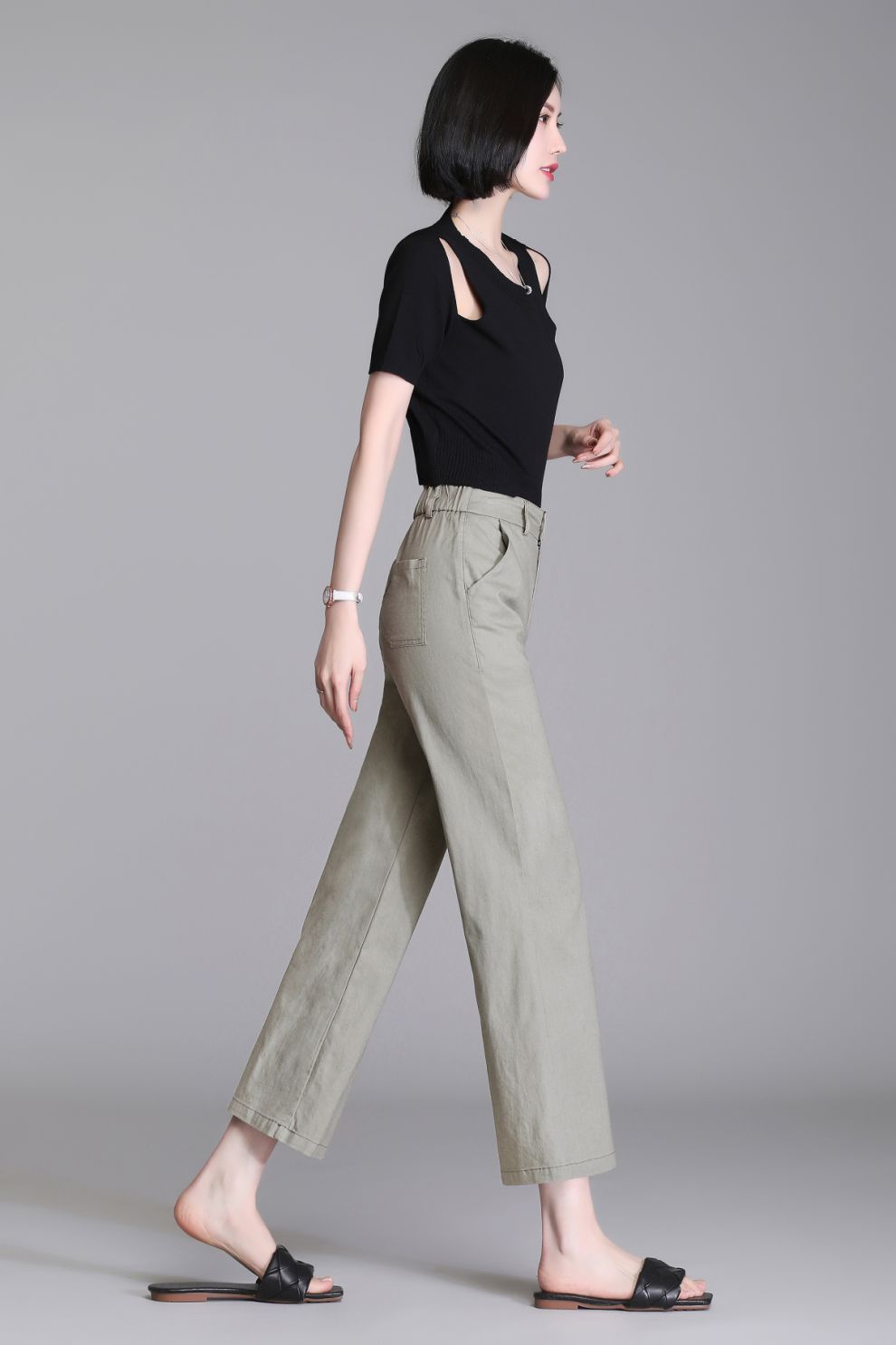 皮尔卡丹品牌高档女装棉麻直筒裤女九分春夏薄款高腰宽松显瘦亚麻休闲