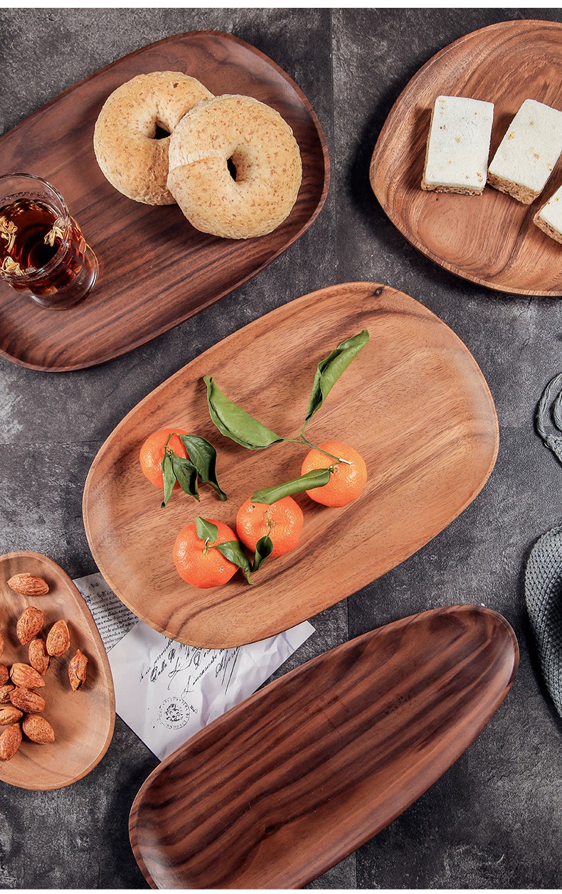 木盘日式黑胡桃木盘子实木点心盘椭圆形茶点托盘原木果盘异形甜品盘碟