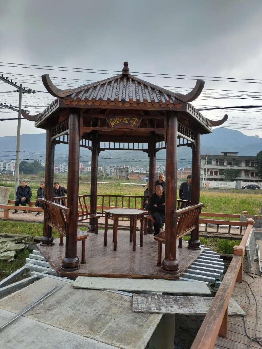 木屋凉亭小木屋六角亭仿古亭工地茶水亭遮雨棚阳光棚防腐木凉亭走廊