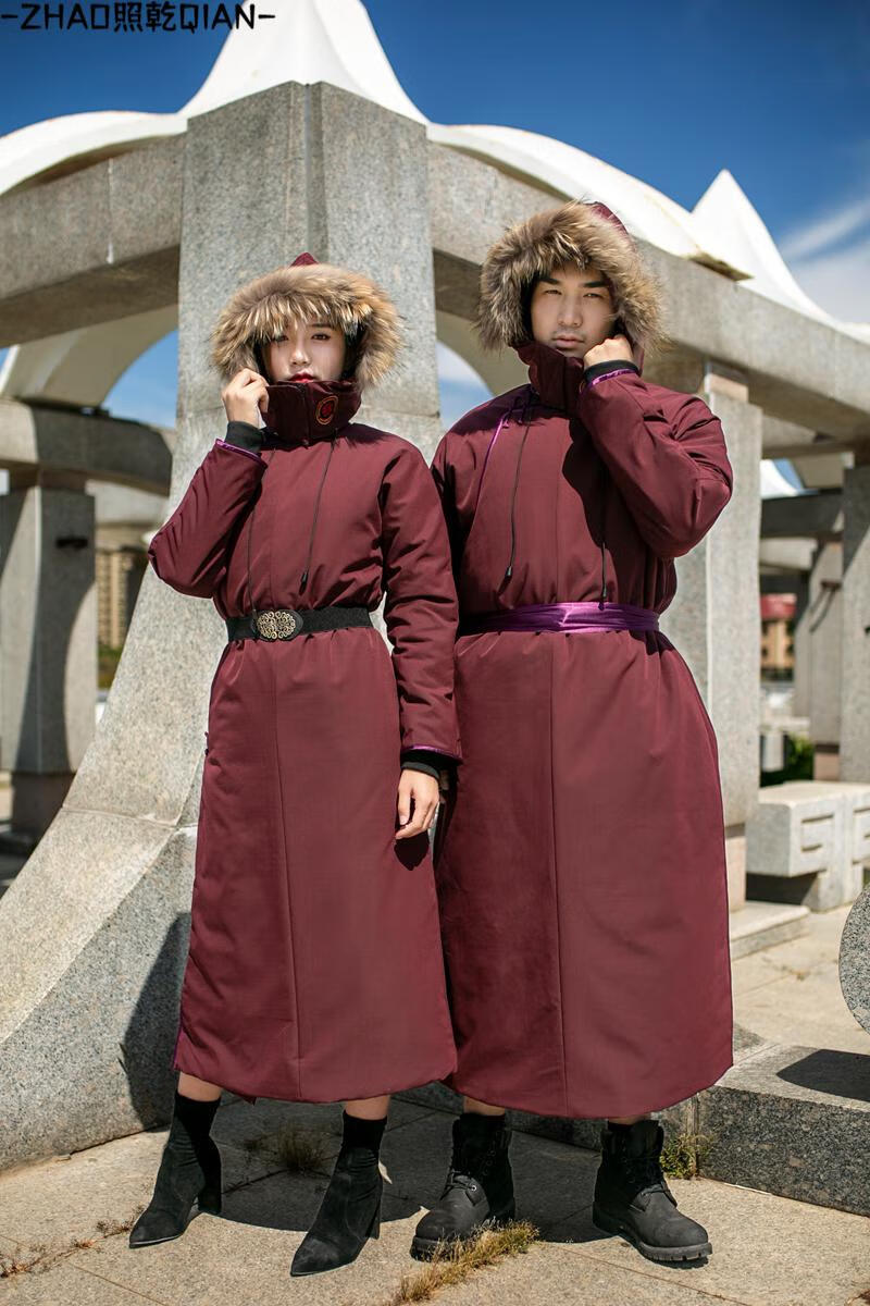 照乾蒙古袍冬天保暖蒙古元素情侣女士户外棉大衣加厚冬季长款男羽绒棉