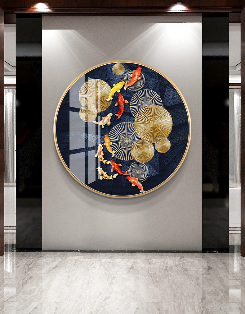 英族 圆形入门玄关装饰画新中式餐厅晶瓷画九鱼图走廊过道墙面装饰挂