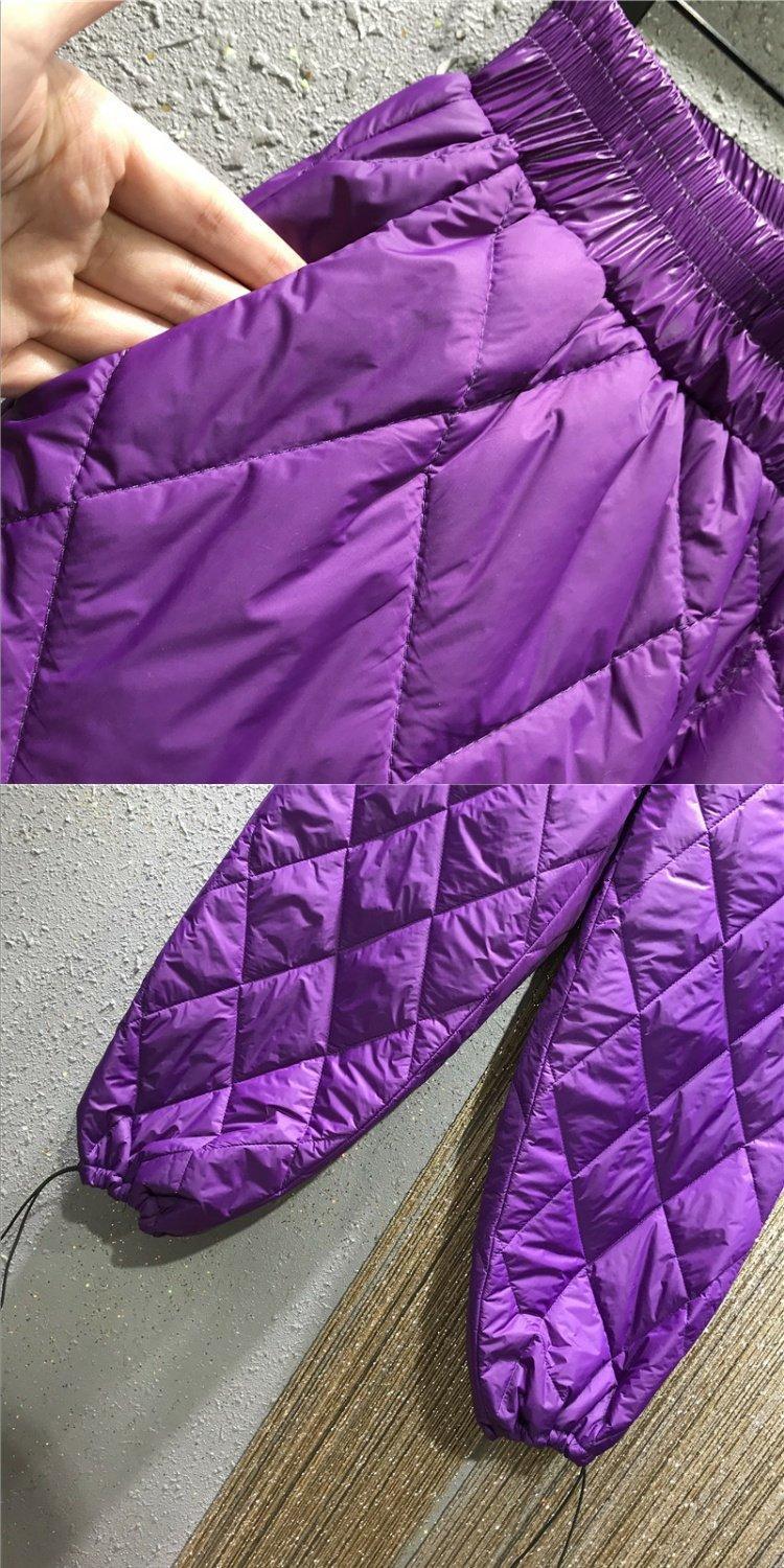 2020冬新款松紧腰宽松大码菱格夹棉保暖加厚束脚哈伦裤女棉裤 紫色 m