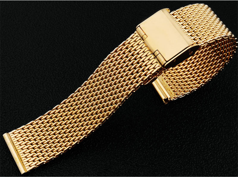 表带实心精钢金属手表带 不锈钢米兰编织防水汗男女士通用 金色-赠送