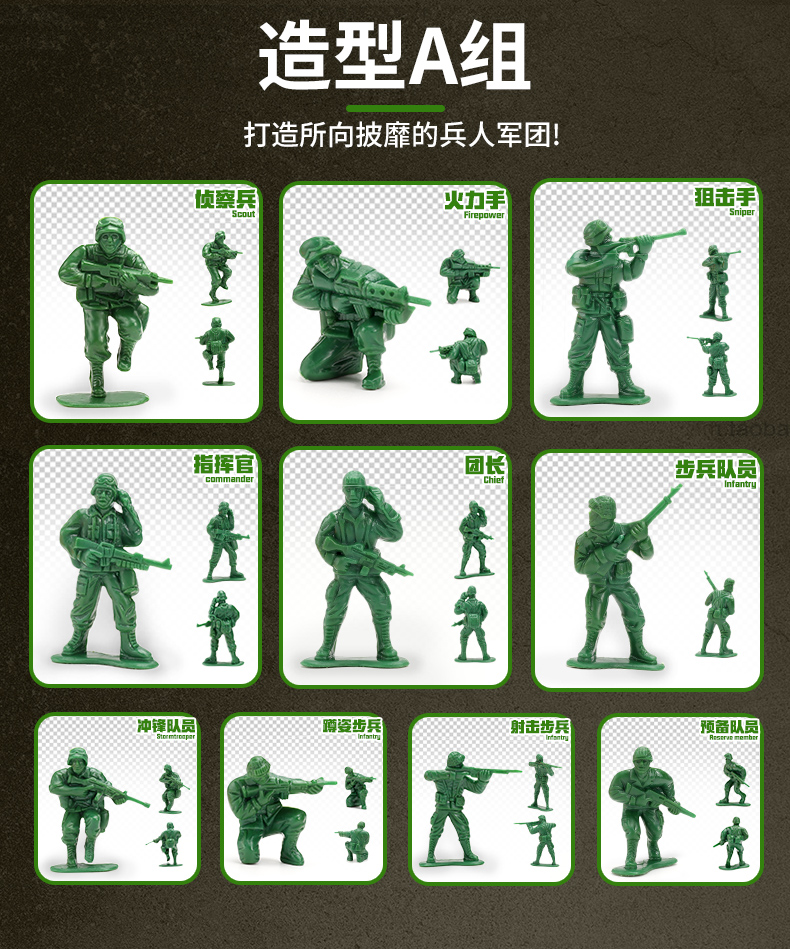 兵人大战军事玩具兵人模型套装 塑料士兵打仗玩具兵团玩具 绿色兵团