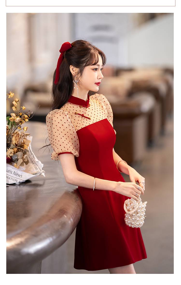 俞兆林旗袍敬酒服新娘平时可穿酒红色小个子感夏季纱袖订婚连衣裙结婚