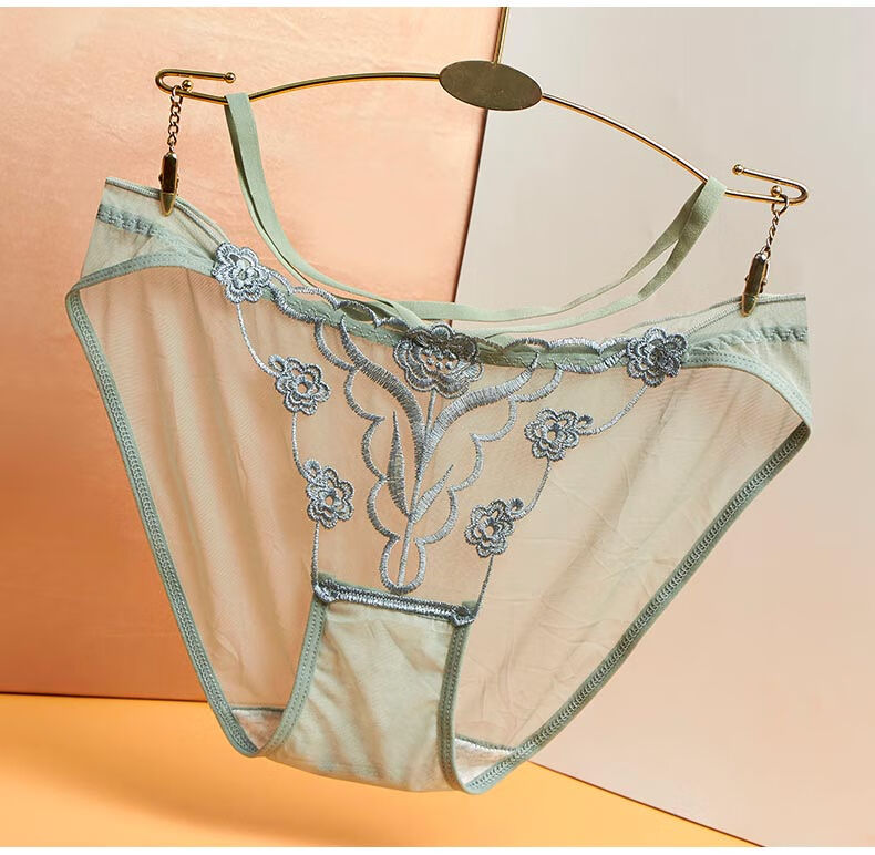 4条 蕾丝内裤女少妇性感中低腰刺绣裆无痕透明女士三角裤维多利亚黑色