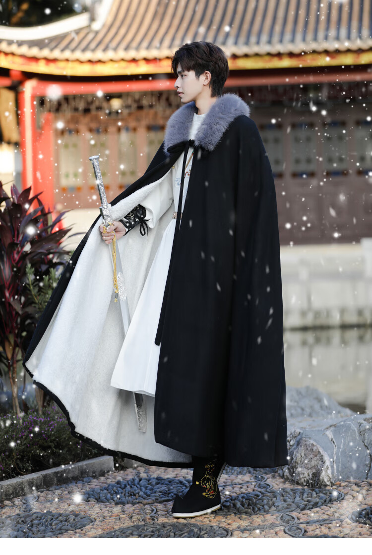 中式唐装改良汉服中国风男装披风男冬季黑色加绒加厚斗篷日常侠客中长