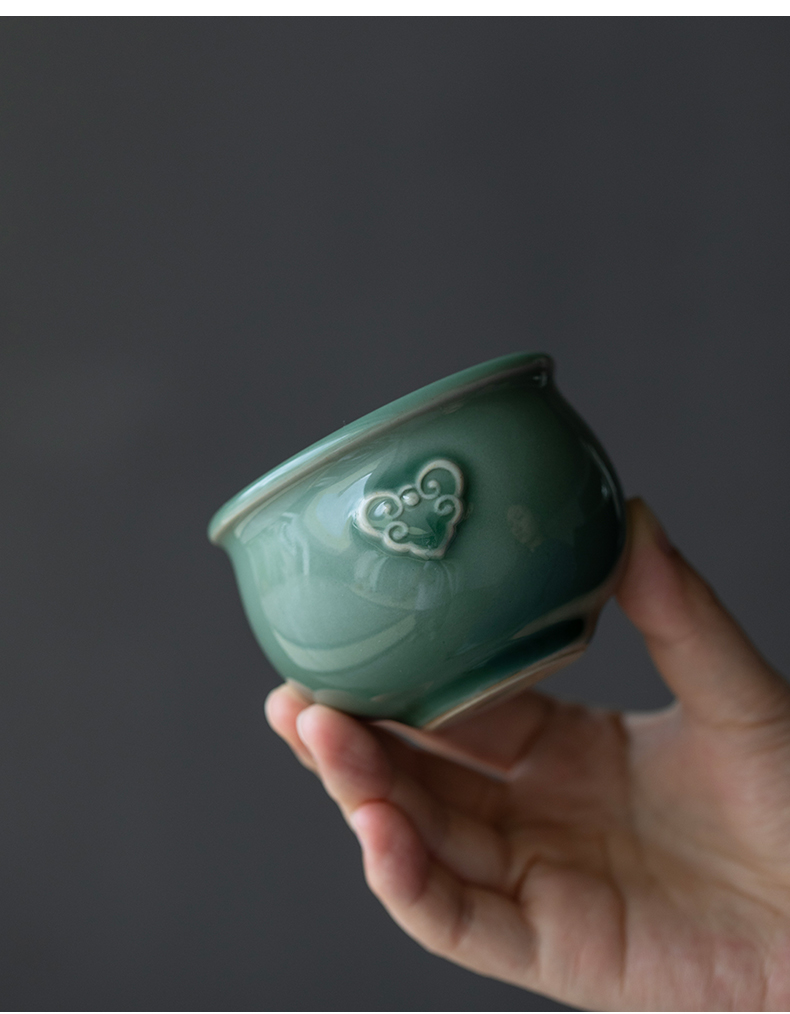 风水缸主人杯越窑青瓷茶杯大号主人杯陶瓷手工浮雕风水缸杯单个专用