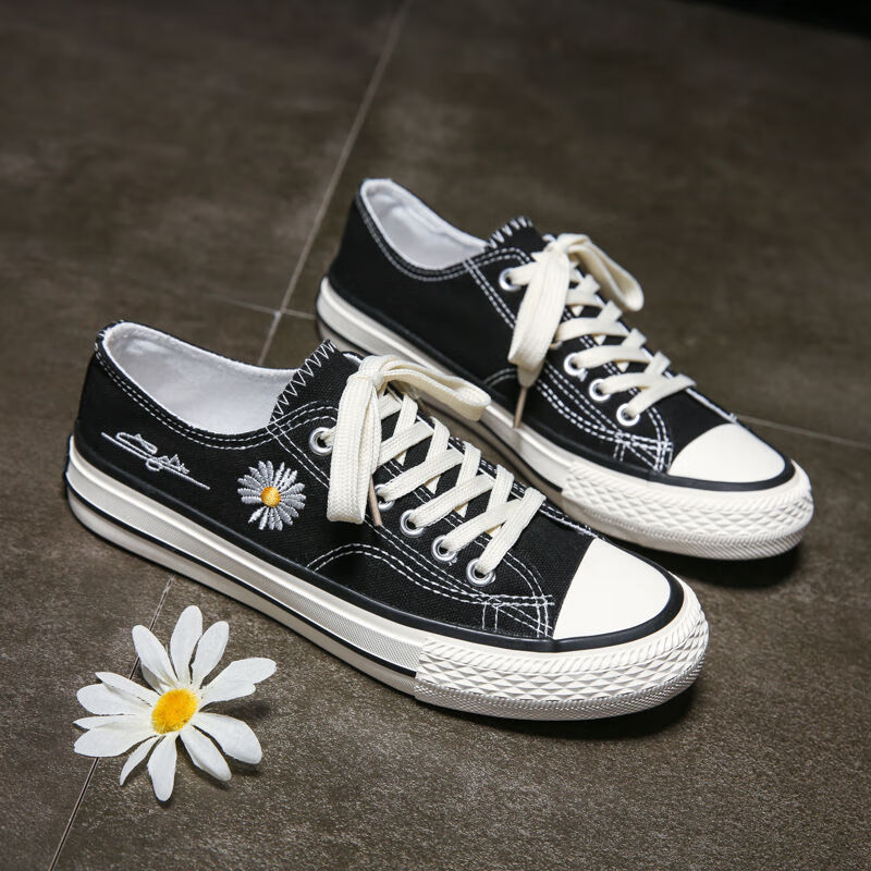 元鲜小雏菊帆布鞋女学生韩版春季新款一脚蹬无后跟半拖包头百搭小白鞋