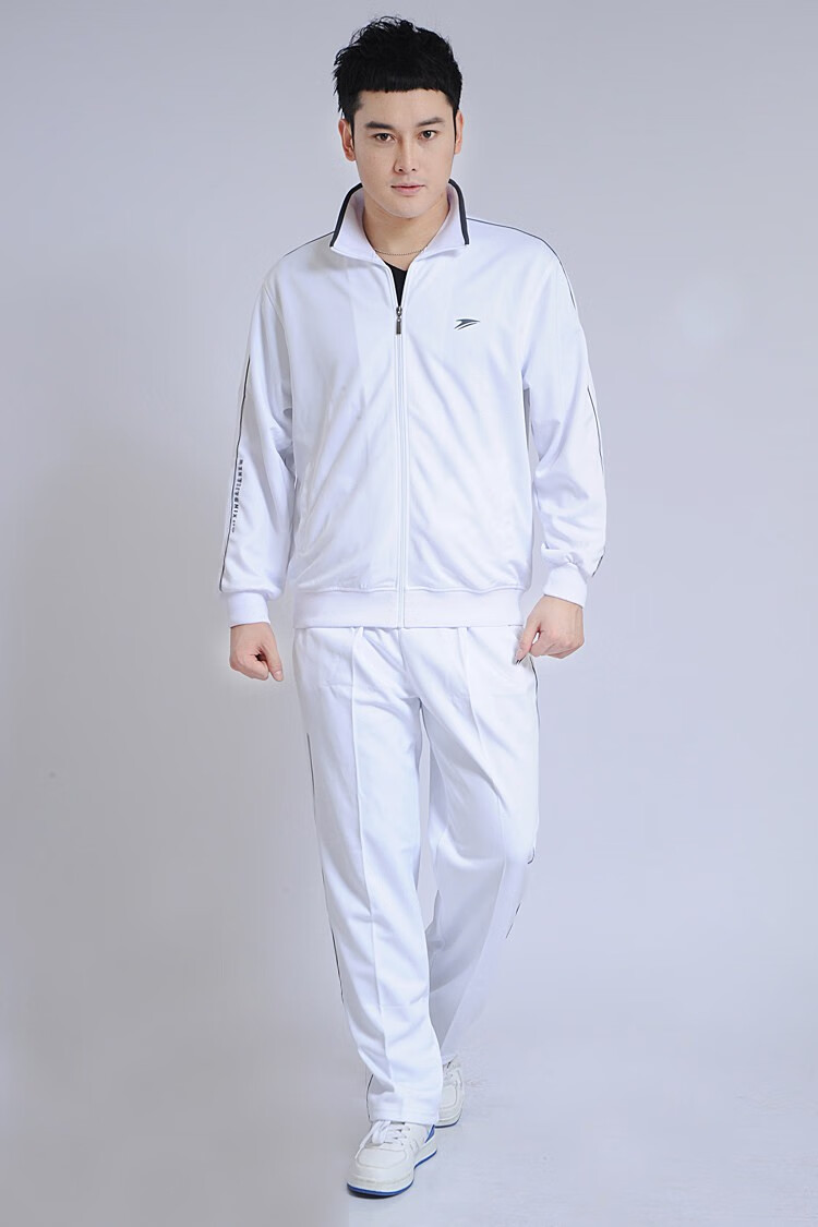 白色运动服套装外套春秋款长裤女男情侣休闲大码团购a 白色加黑条女