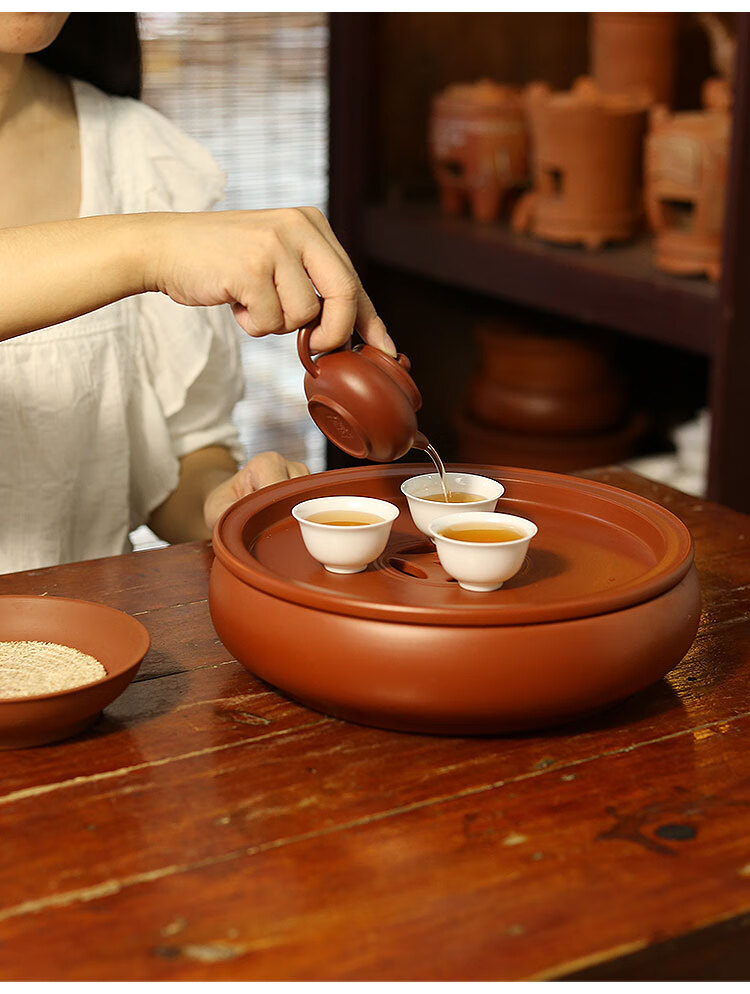 京选品质潮州茶船潮州手拉紫砂茶船壶承朱泥功夫茶盘圆形大号10寸家用