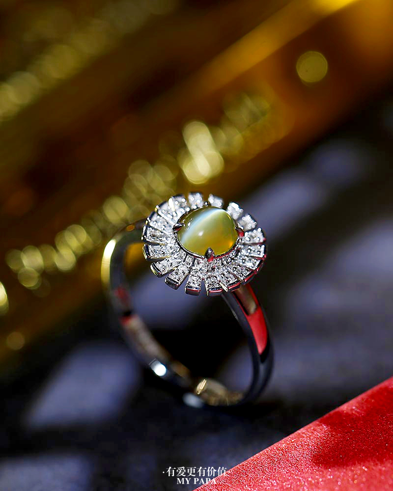 mypapa毕业级蜜糖色猫眼金绿宝石18k金钻石花朵戒指鉴定j1-3-3 戒圈14