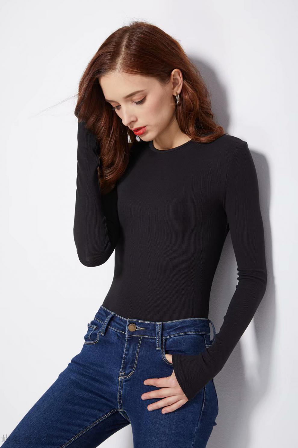 性感好看的打底衫欧美复古高腰紧身弹力连体衣女圆领长袖螺纹打底t恤