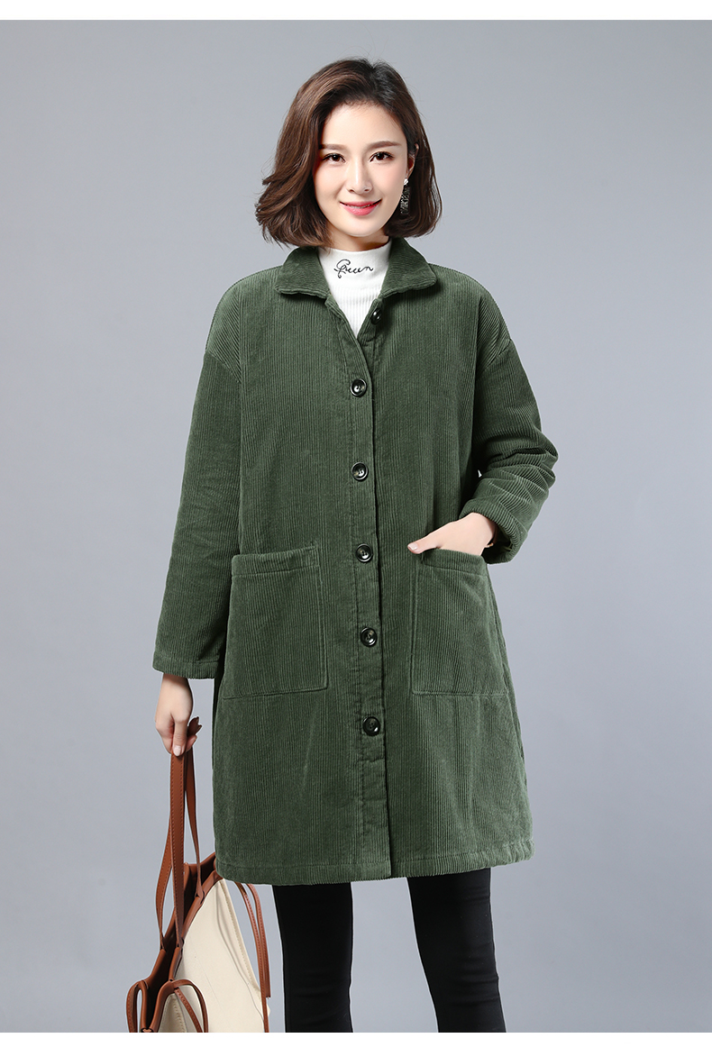 女式灯芯绒风衣中长款加绒女2020秋冬季大衣韩版宽松休闲加厚外套