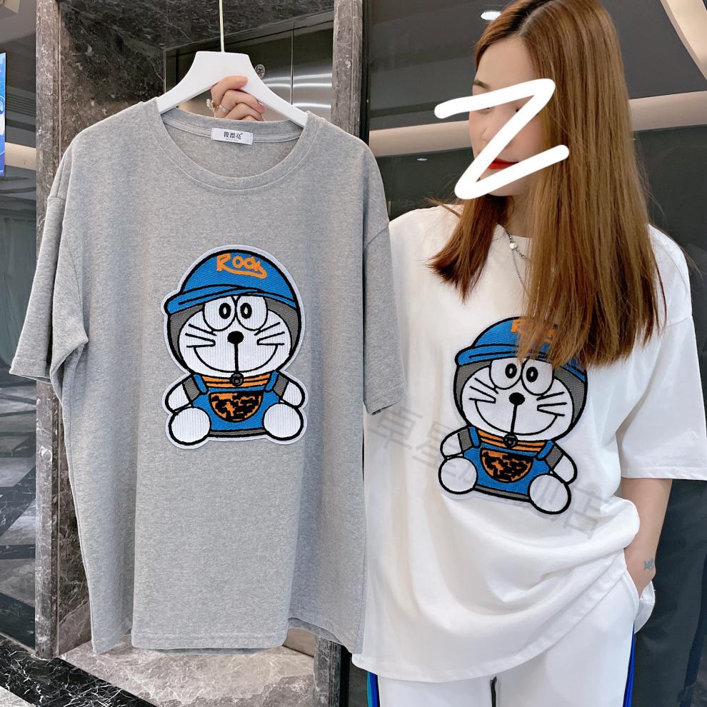 抖音同款慧慧家女装早春新款刺绣蓝胖子短袖上衣时尚百搭宽松t恤ins