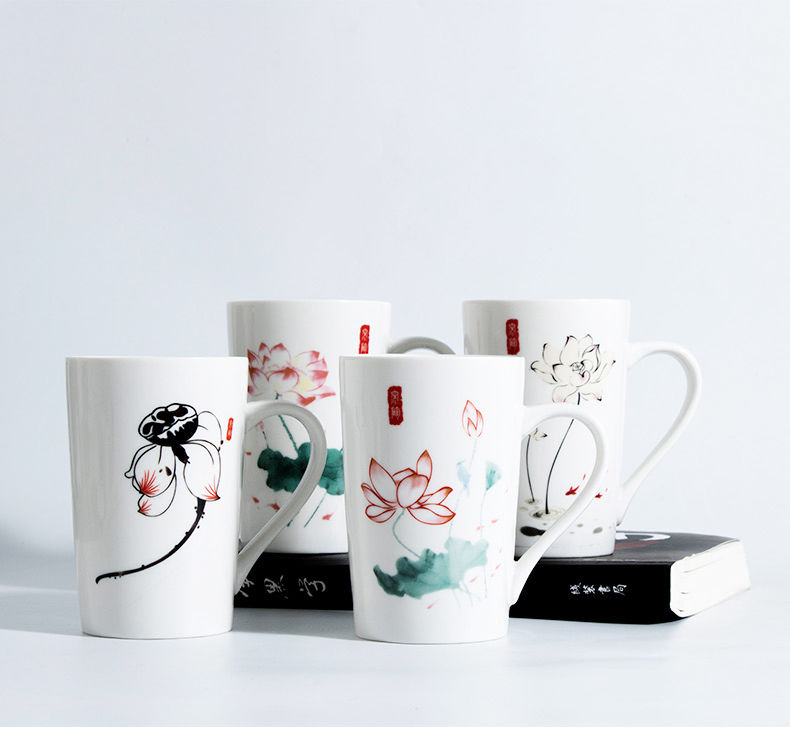 创意陶瓷杯子带盖带勺带茶漏过滤咖啡杯大容量荷花马克杯情侣杯 莲花b