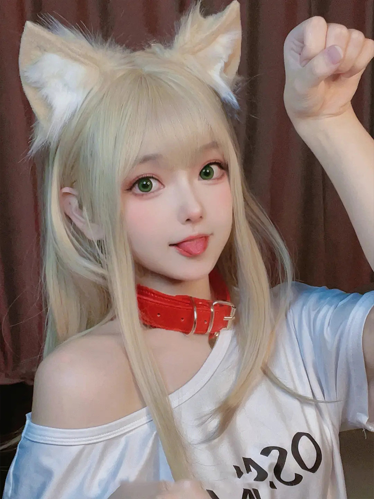40原猫娘cos卫衣网红纯欲棉t恤项圈漫画黄豆粉同款衣服猫耳朵尾巴