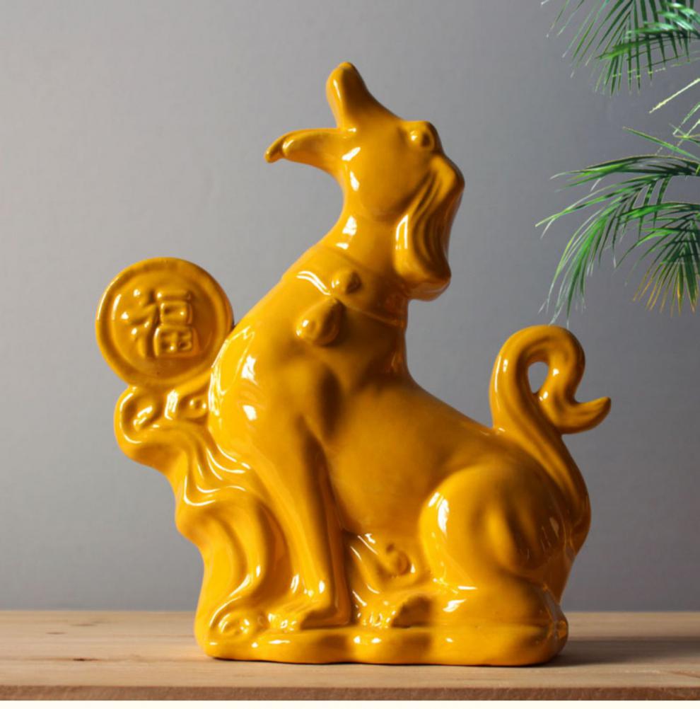 陶瓷狗狗摆件生肖狗狗旺财狗守财狗工艺品风生水起唐三彩狼狗小号黄色