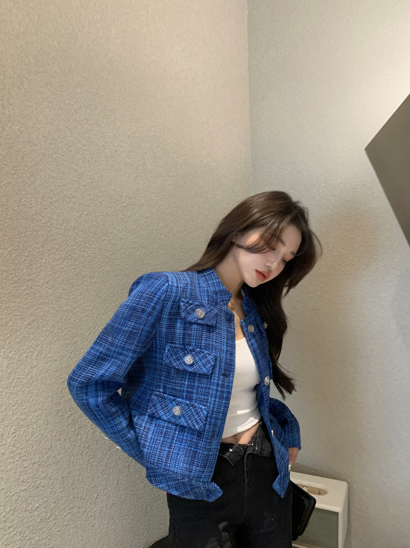 格子短外套女装春秋克莱因蓝小香风立领修身法式百搭气质名媛上衣蓝色