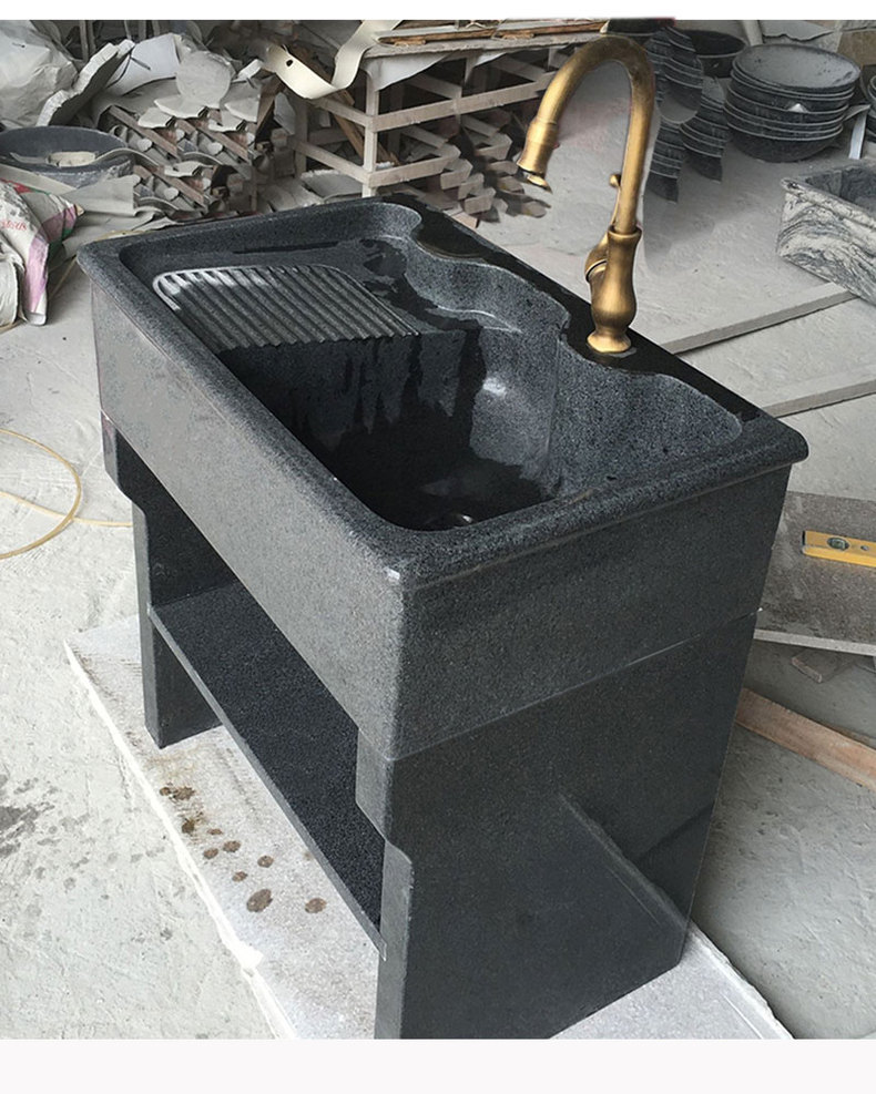 石材一体式洗衣台大理石阳台洗衣池整石头带搓衣板户外洗手盆水槽黑色