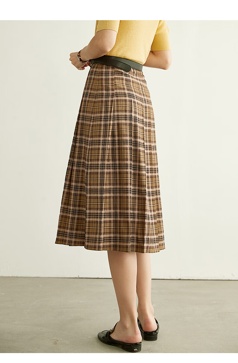 法曼萱卡其色格子半身裙女中长款2021新款秋冬季高腰大摆百褶裙子