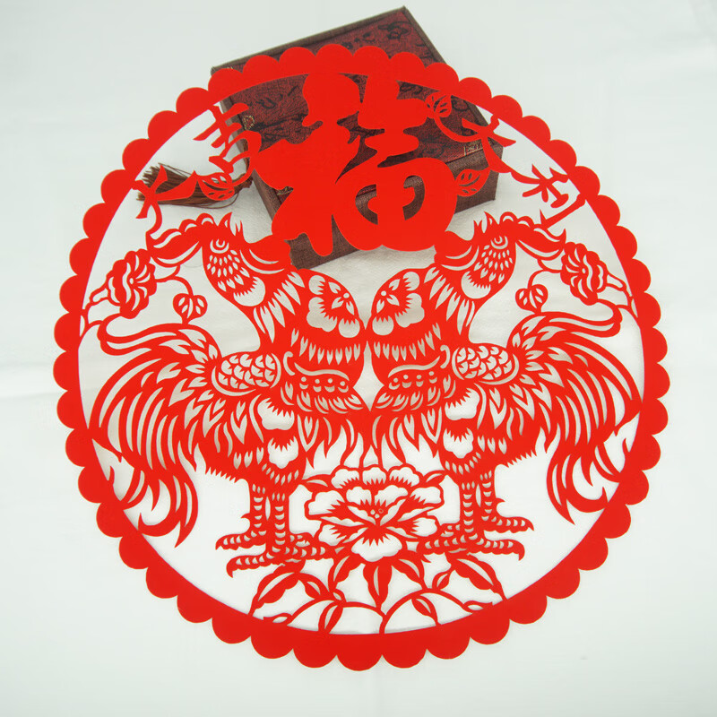 红色窗花贴剪纸 12生肖鸡剪纸窗花植绒布不干胶动物大吉大利公鸡贴画