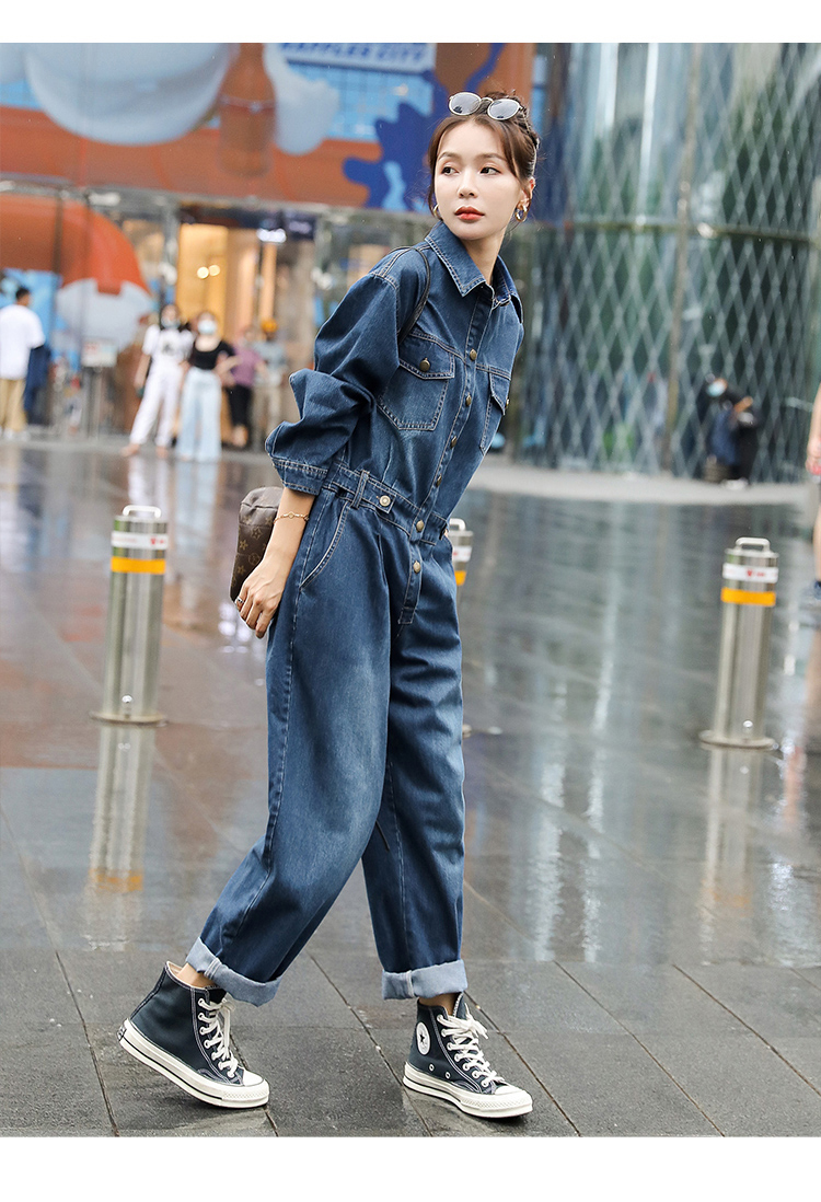 工装牛仔连体裤女春秋2022新款时尚洋气减龄宽松流行连衣裤套装潮牛仔