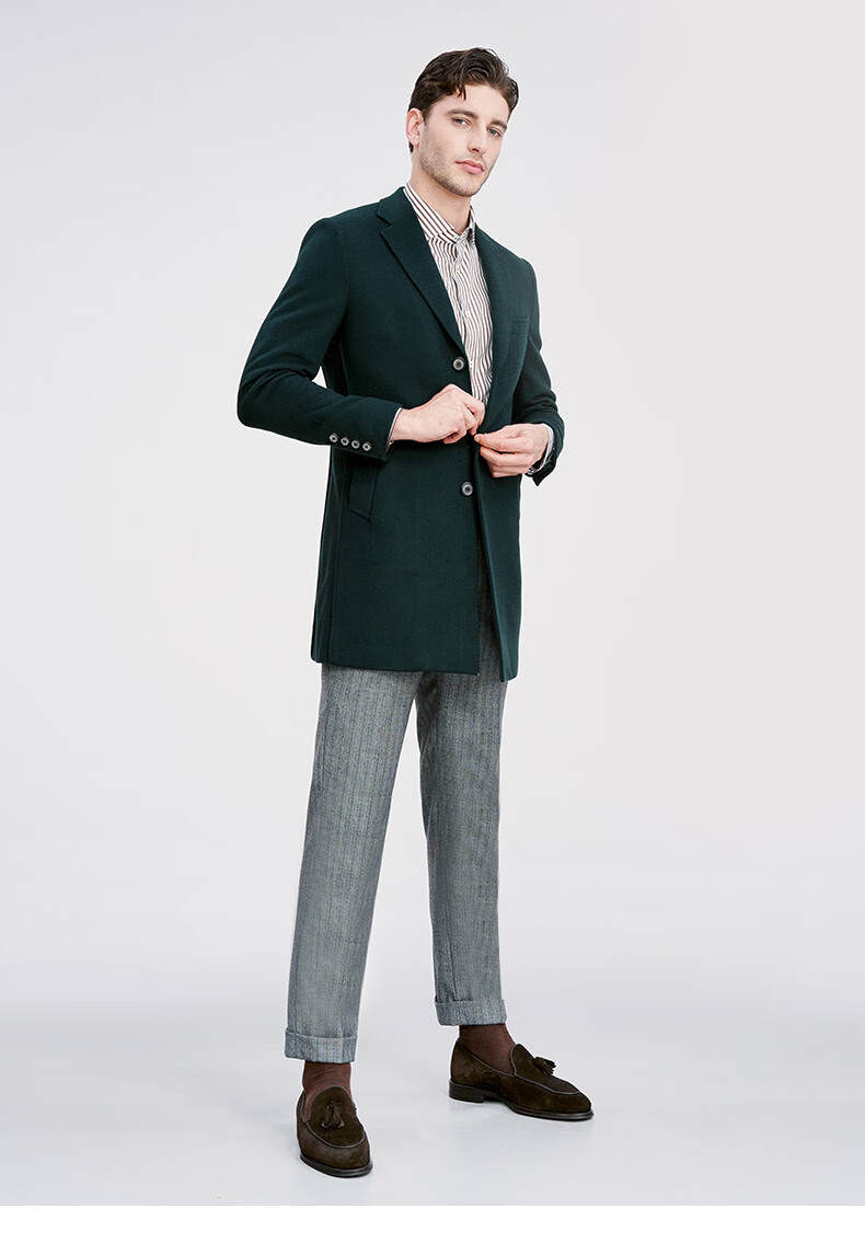 jodoll乔顿风衣男中长款冬季商务休闲男士外套羊毛绿色羊绒呢大衣墨