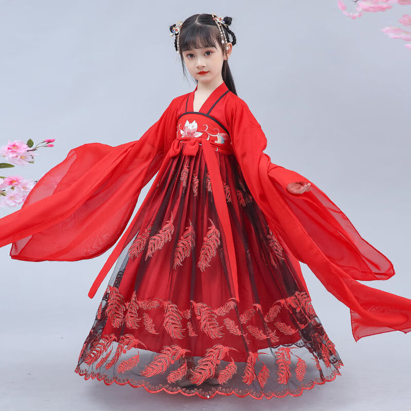 唐装夏装抖音12岁汉服鸟之语 红色短袖 大袖衫 110【图片 价格 品牌