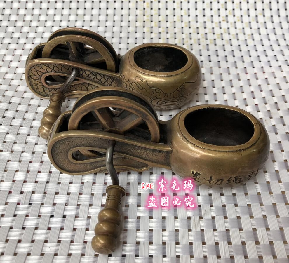 ke 木工铜墨斗手动自动划线器铜墨斗古玩杂件纯铜墨斗划线墨盒老式