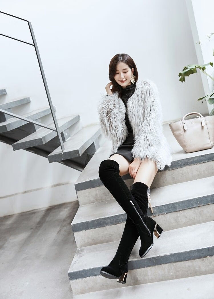 秋冬靴女2020新款冬天靴子长筒过膝盖长靴加绒水钻花朵高腰桶马靴黑色