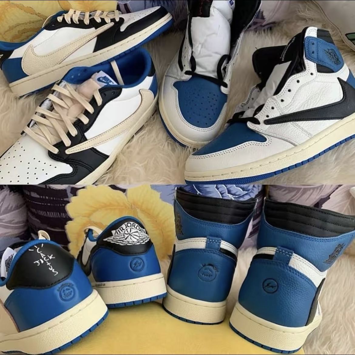 倒钩aj1闪电藤原浩白蓝联名鬼脸高低帮篮球运动鞋男女款 灰棕经典倒钩