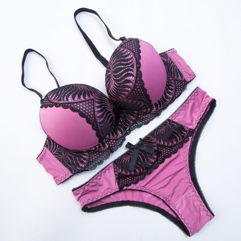 欧美风维多利亚风格内衣女性感聚拢小胸文胸胸罩内裤套装玫红3680a