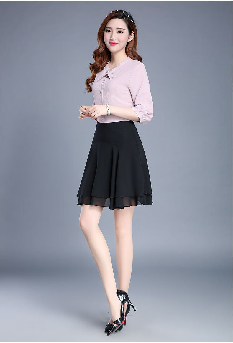 双层雪纺短裙半身裙女高腰夏小个子百褶a字裙裙舞蹈黑裙子拉链腰s一尺