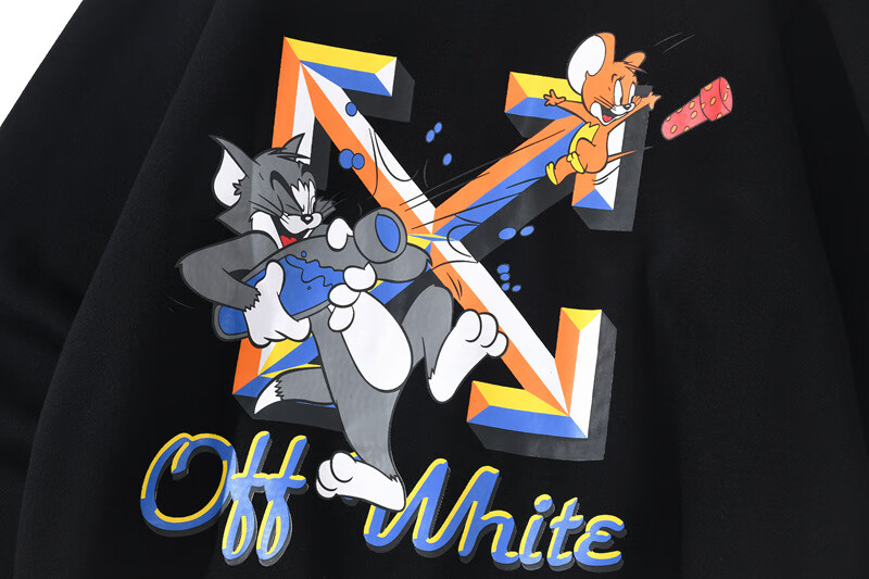 ea潮牌秋冬季欧美新款off ow white卡通猫和老鼠男女情侣宽松连帽加绒